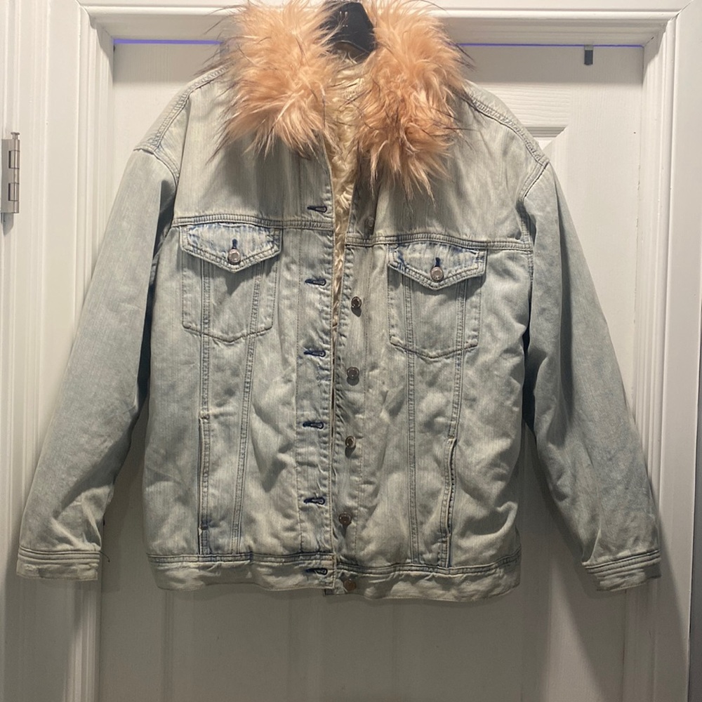 American Eagle Blue Denim Coat with Pink Fur